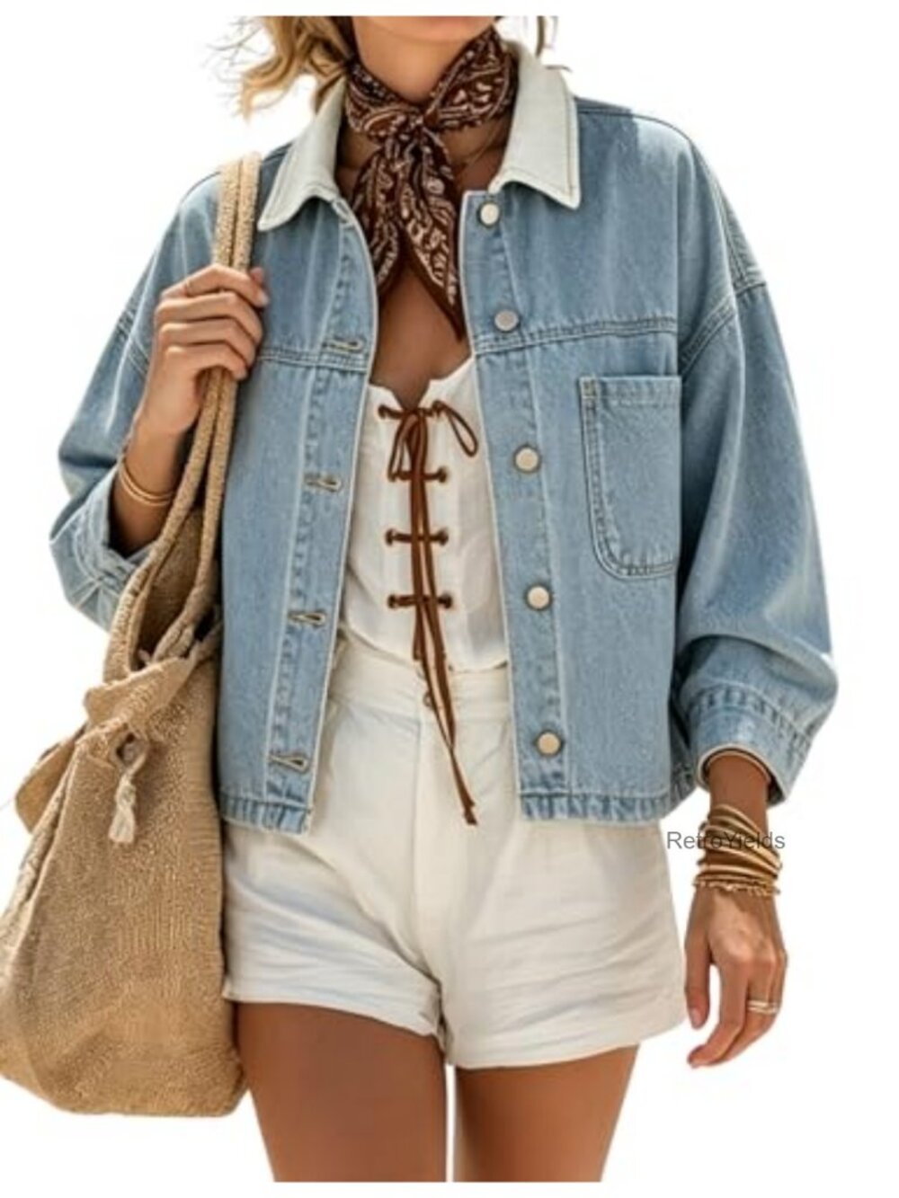 Women's Cropped Oversized Denim Jacket Color Block Patchwork Collar Long Sleeve
